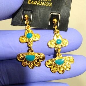 Women's Stylish Gold-tone Design Turquoise Color Stone Drop Dangle Earrings 1.5"